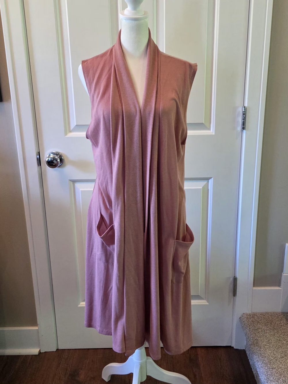 Olivia Blu Blush Pink Long Open Cardigan Sleeveless Duster Pockets Womens L